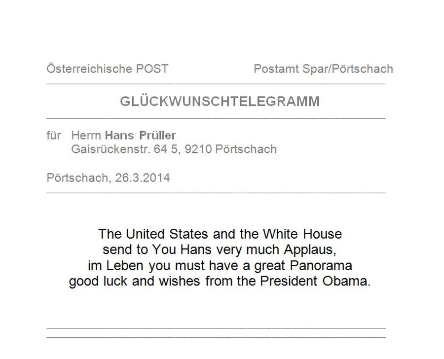 Eines der Geburtstagstelegramme aus der internationalen Politik