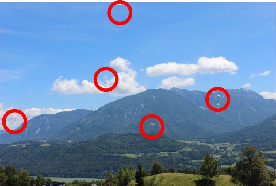 5 Paragleiter nutzen den von der Drau kommenden starken Aufwind
