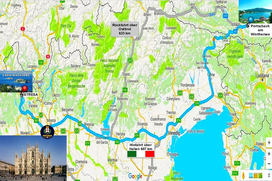 Unsere Reiseroute über Udine und Mailand nach Stresa und zurück #über Trient, Bozen, Bruneck und Lienz