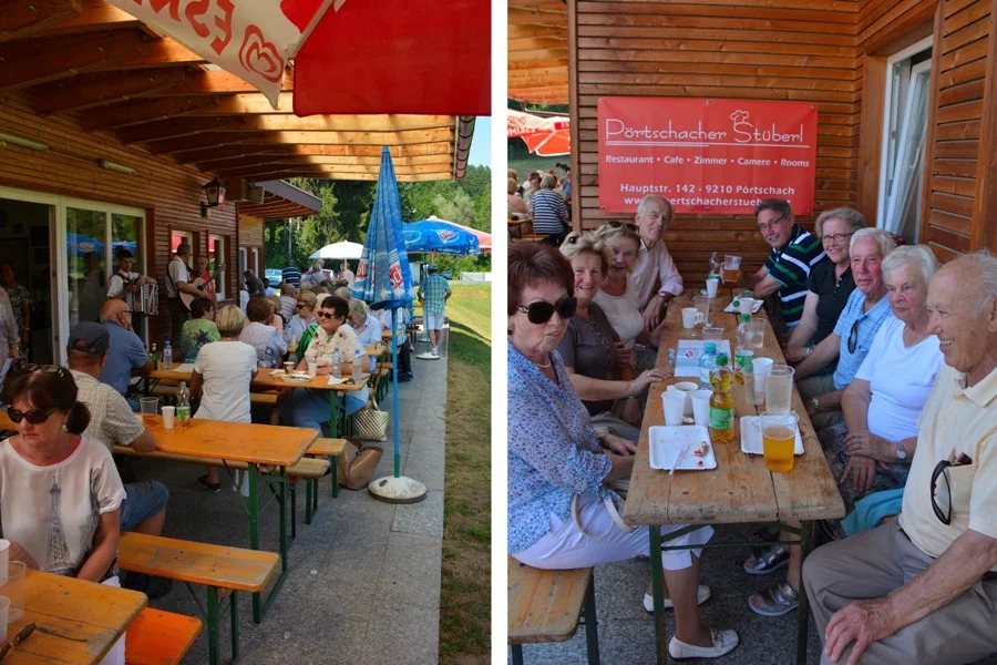 Rechts im Bild die VIP-Lounche#mit Schatten und Nähe zum Grill#gesponsert vom Pörtschacher Stüberl